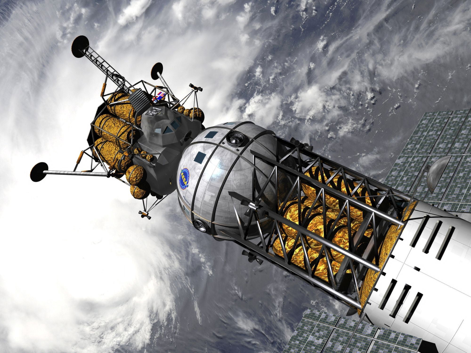 Artists concept of a space tug docked with a lunar lander Canvas Art - Walter MyersStocktrek Images (33 x 25)