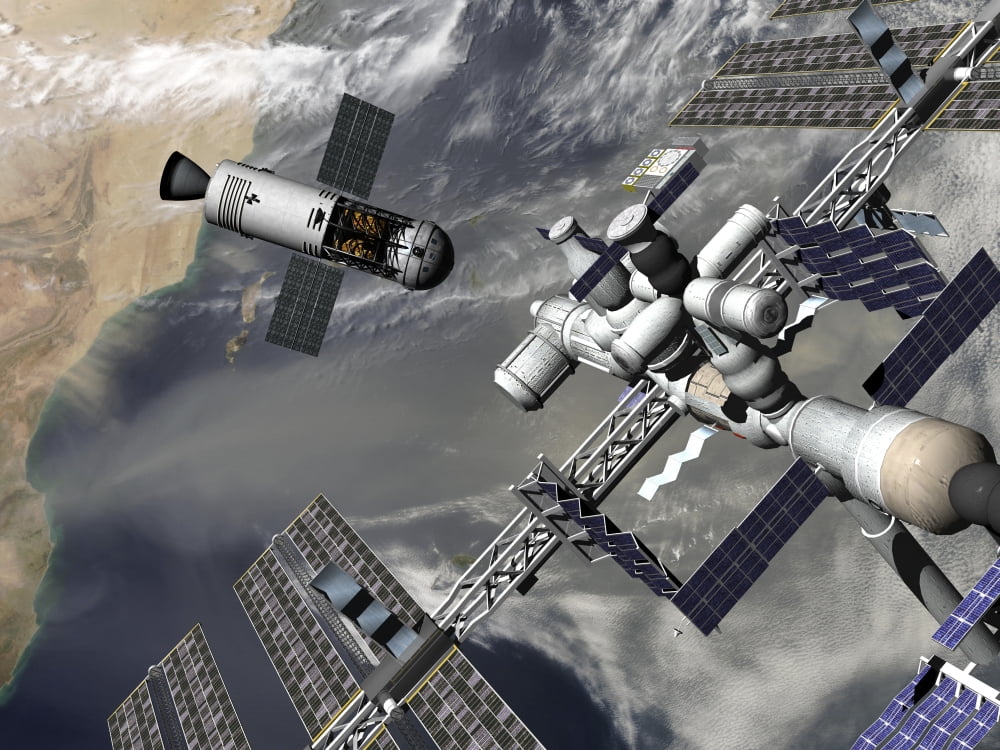 Artists concept of a trans-lunar space tug departing the International Space Station Canvas Art - Walter MyersStocktrek Images (17 x 13)