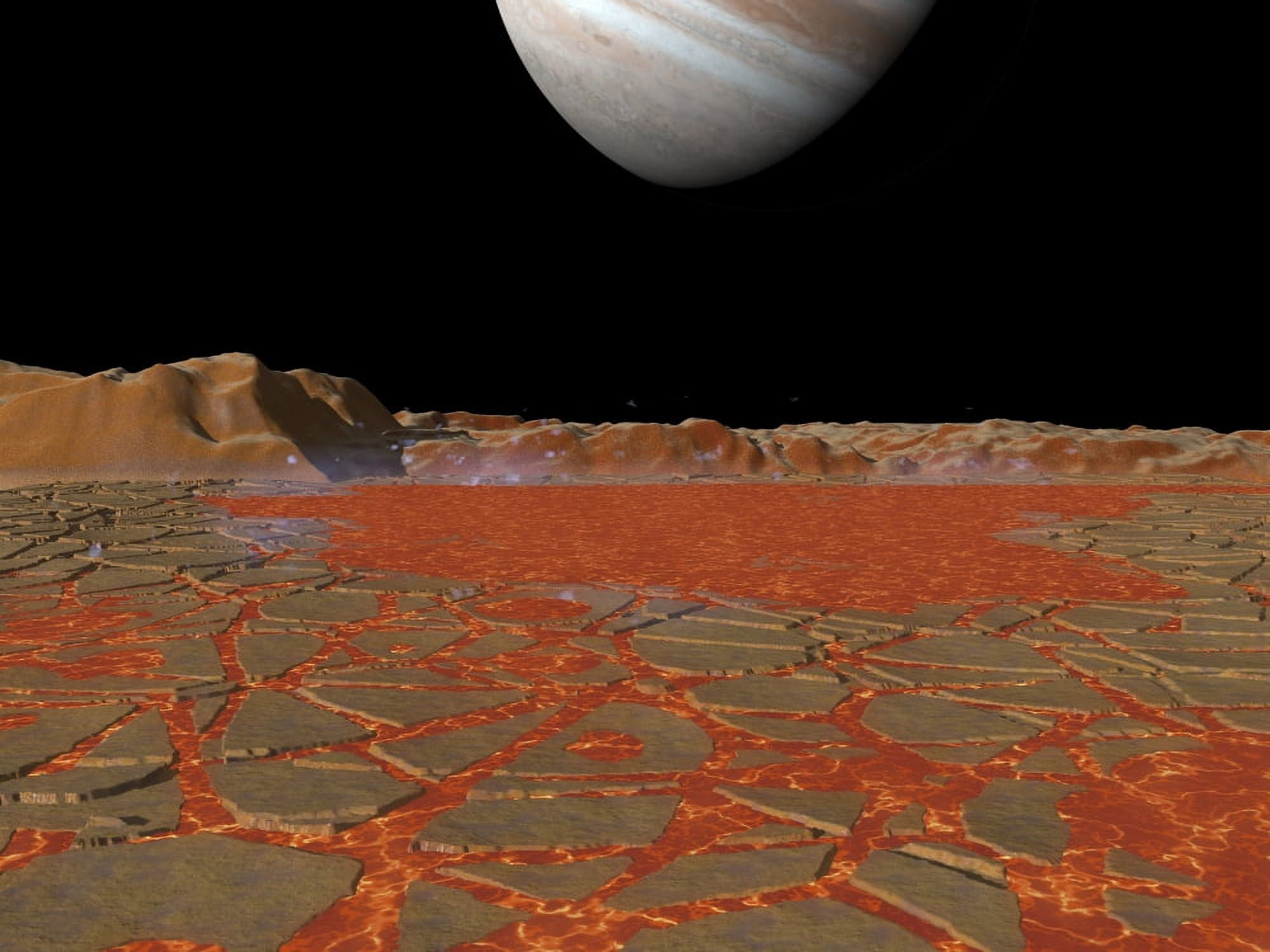 Artists concept of a view across a pool of lava on the surface of Io towards Jupiter Canvas Art - Walter MyersStocktrek Images (17 x 13)