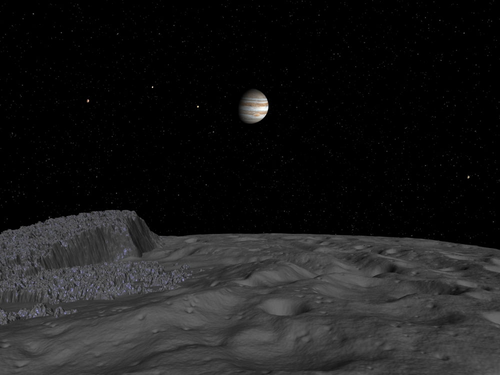 Artists concept of a view across the surface of Themisto towards Jupiter and its moons Canvas Art - Walter MyersStocktrek Images (16 x 12)