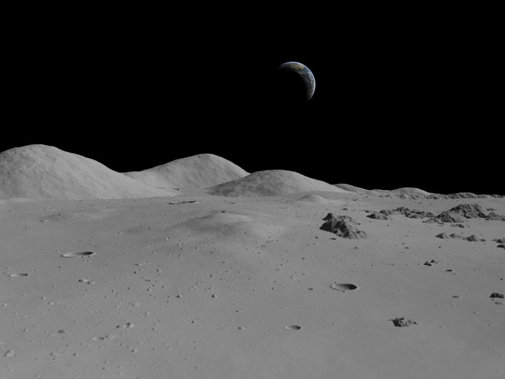 Artists concept of a view across the surface of the Moon towards Earth in the distance Canvas Art - Walter MyersStocktrek Images (17 x 13)