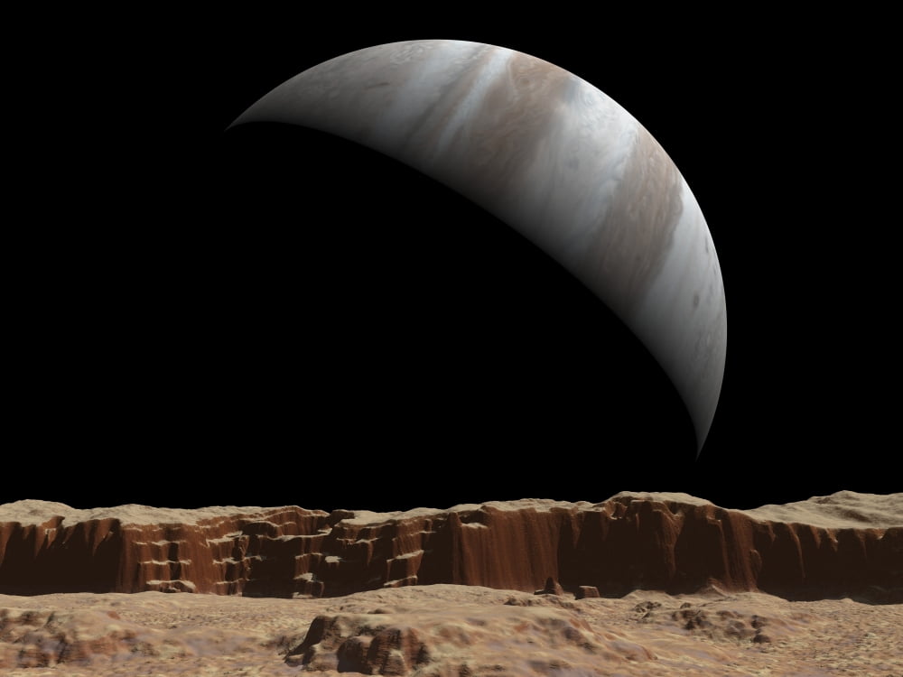 Artists concept of a view towards Jupiter across the surface of Io Canvas Art - Walter MyersStocktrek Images (33 x 25)