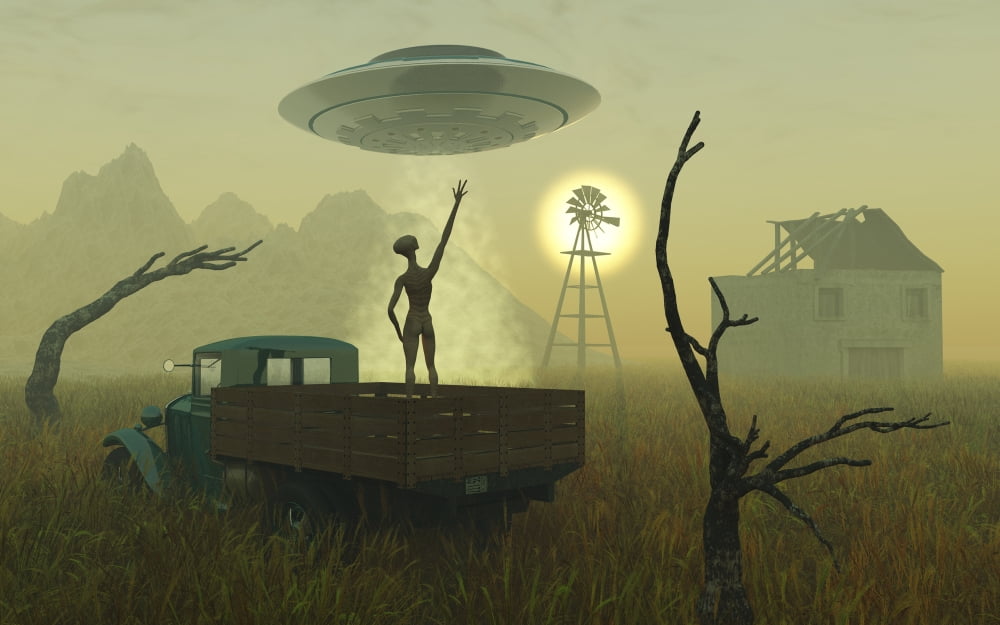 Artists concept of alien exploreres looking around a remote abandoned farm Canvas Art - Mark StevensonStocktrek Images (18 x 12)
