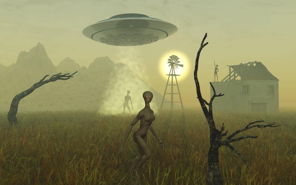 Artists concept of alien visitors exploring a desolate remote farm Canvas Art - Mark StevensonStocktrek Images (18 x 12)