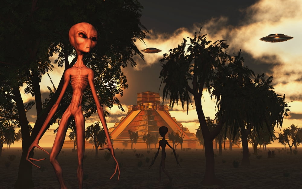 Artists concept of aliens helping the Mayans build complex buildings Canvas Art - Mark StevensonStocktrek Images (36 x 23)