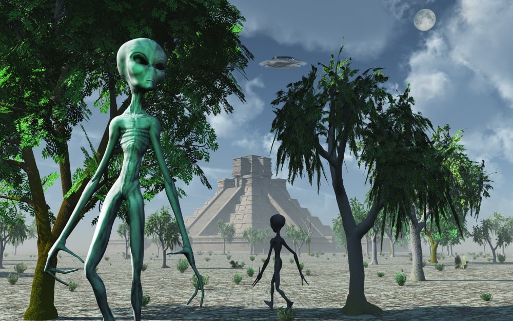 Artists concept of aliens helping the Mayans build complex buildings Canvas Art - Mark StevensonStocktrek Images (36 x 23)