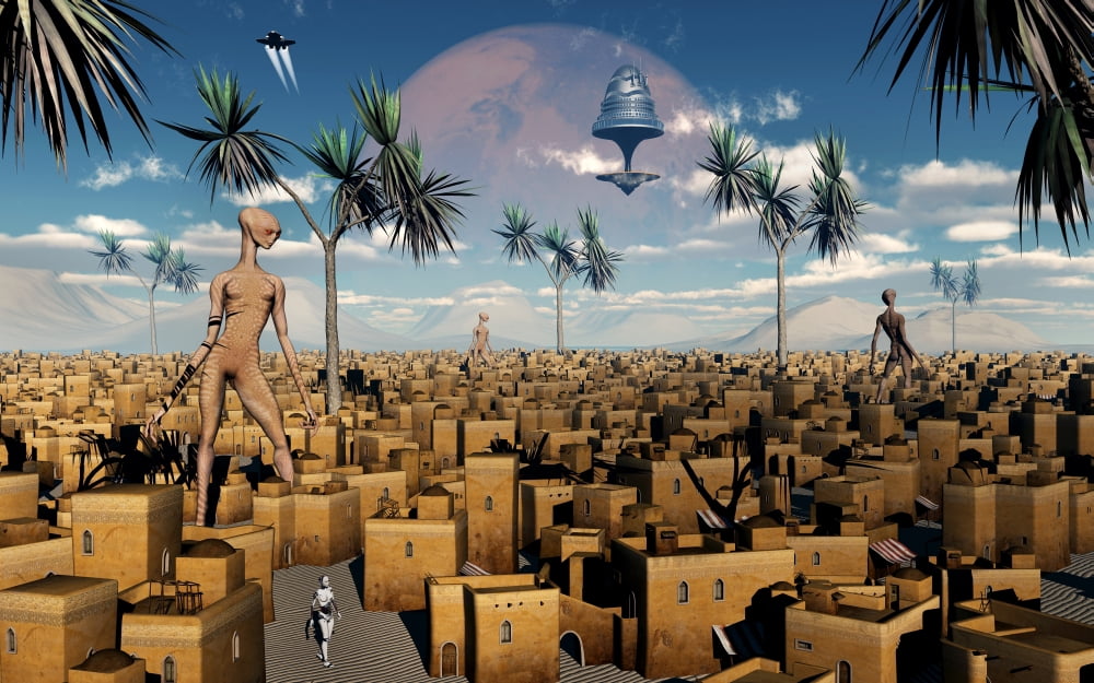 Artists concept of aliens visiting other alien worlds Canvas Art - Mark StevensonStocktrek Images (36 x 23)