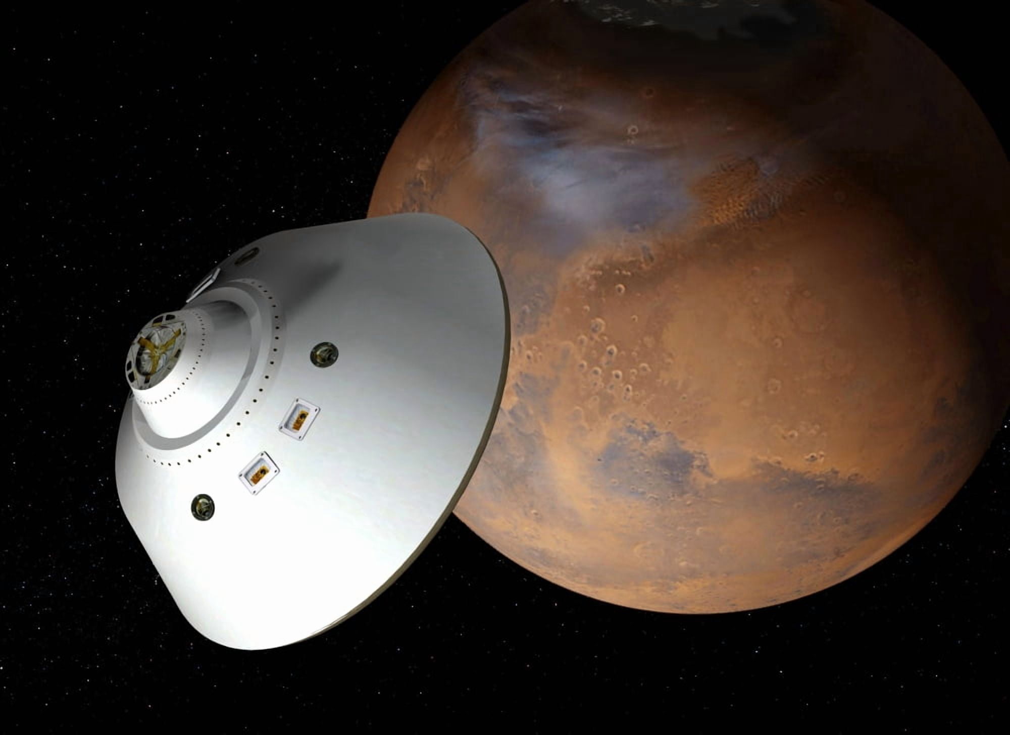 Artists concept of an aeroshell-encased spacecraft approaching Mars Canvas Art - Stocktrek Images (33 x 24)