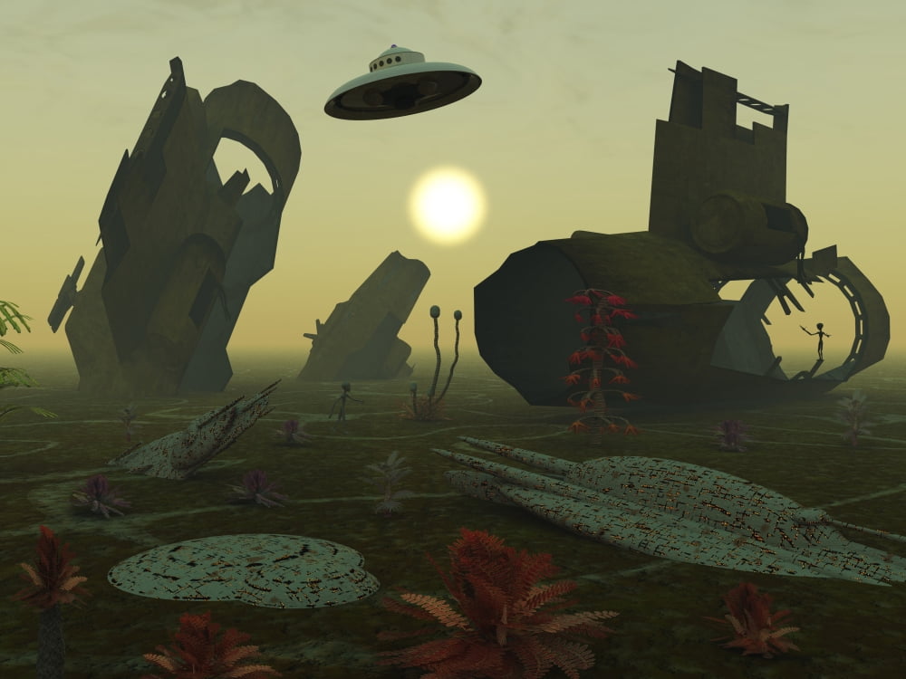 Artists concept of an alien scrap yard Canvas Art - Mark StevensonStocktrek Images (33 x 25)