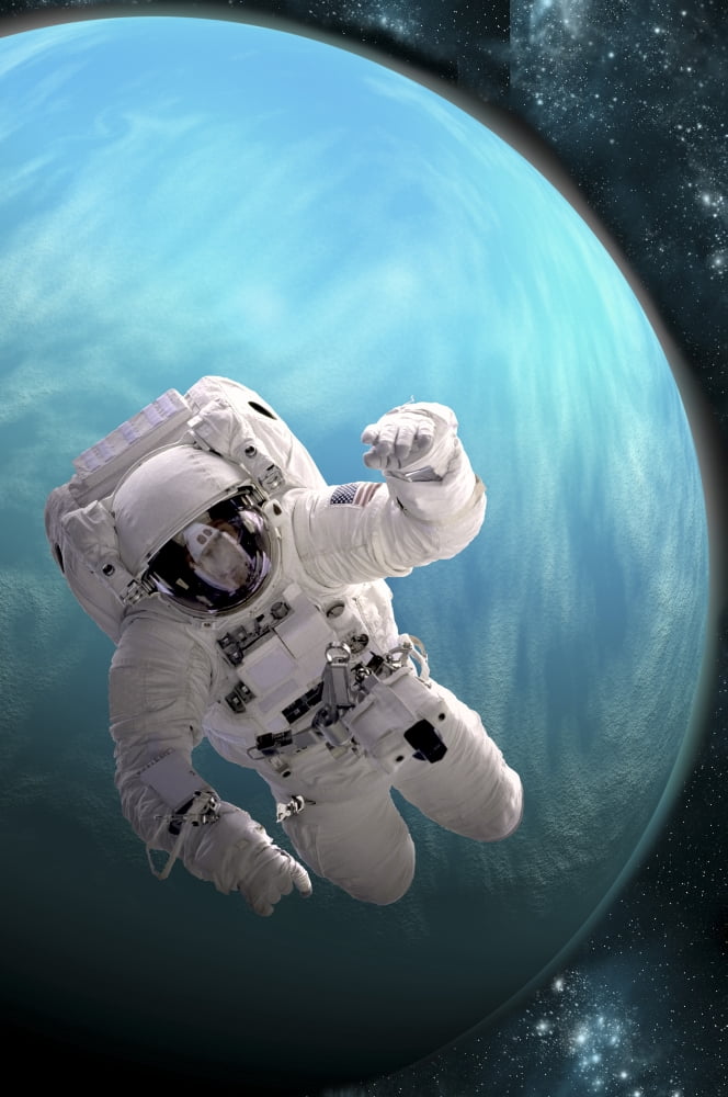 Artists concept of an astronaut floating in outer space by a water covered planet Canvas Art - Marc WardStocktrek Images (23 x 34)