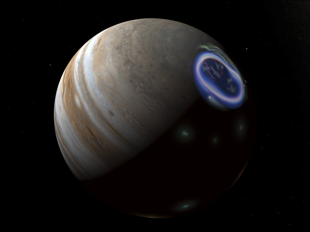 Artists concept of an aurora on Jupiters north pole Canvas Art - Walter MyersStocktrek Images (17 x 13)