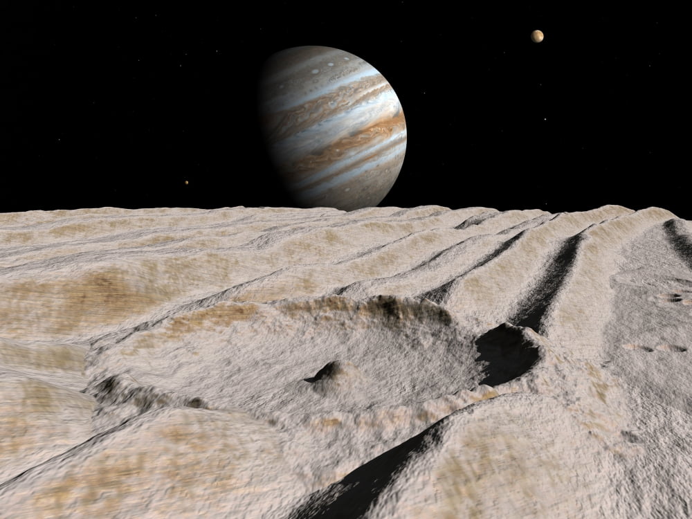 Artists concept of an impact crater on Jupiters moon Ganymede with Jupiter on the horizon Canvas Art - Walter MyersStocktrek Images (33 x 25)