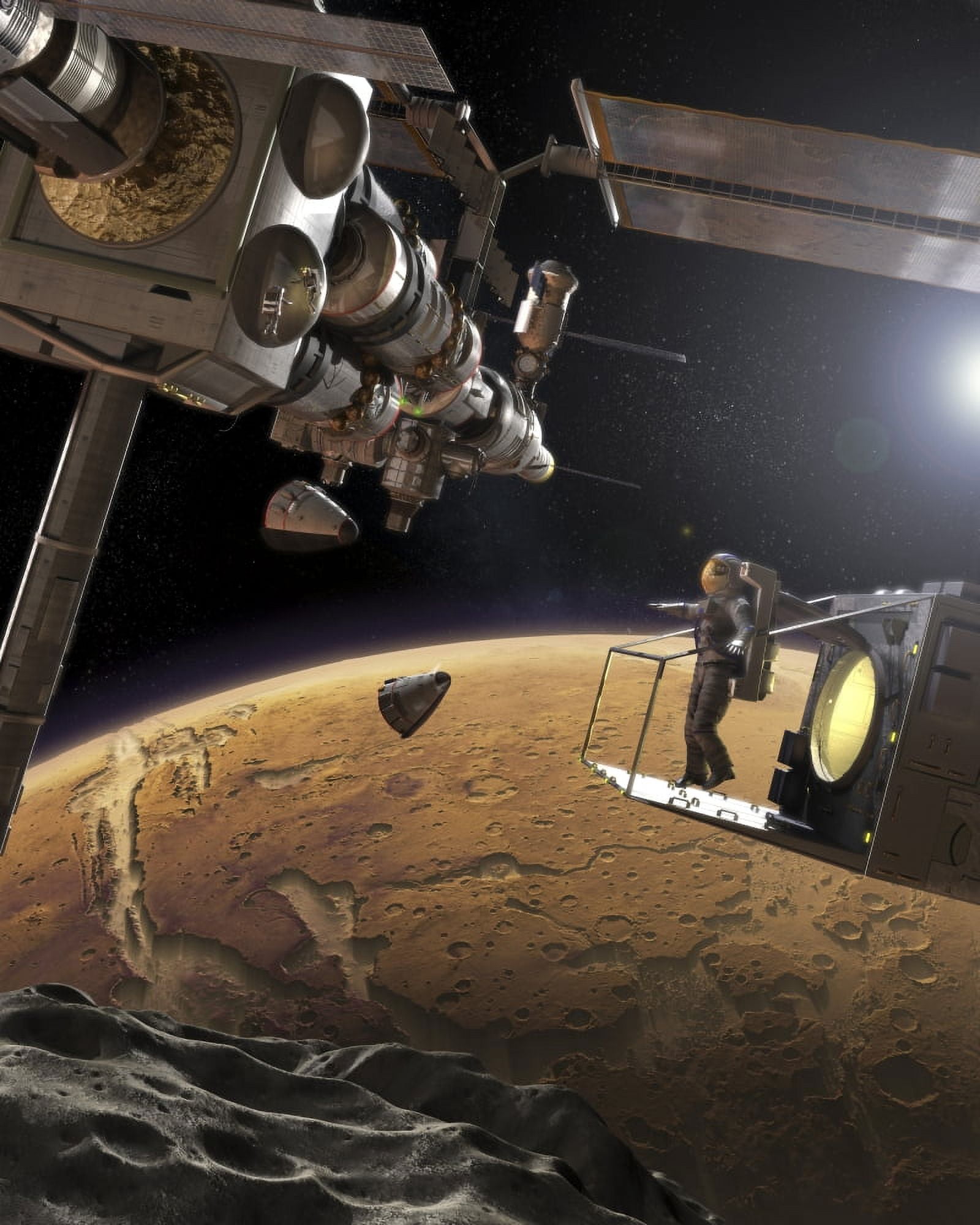 Artists concept of an orbital outpost above Phobos the nearest of Mars moons Canvas Art - Steven HobbsStocktrek Images (25 x 32)