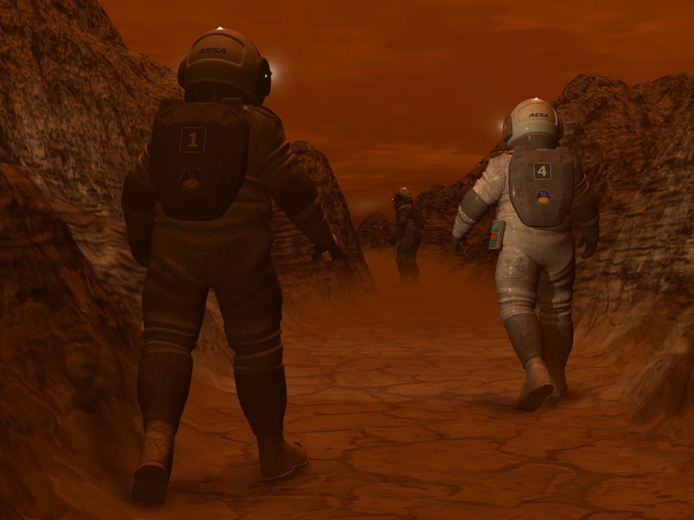 Artists concept of astronauts exploring a dry gully on Saturns moon Titan Canvas Art - Walter MyersStocktrek Images (17 x 13)