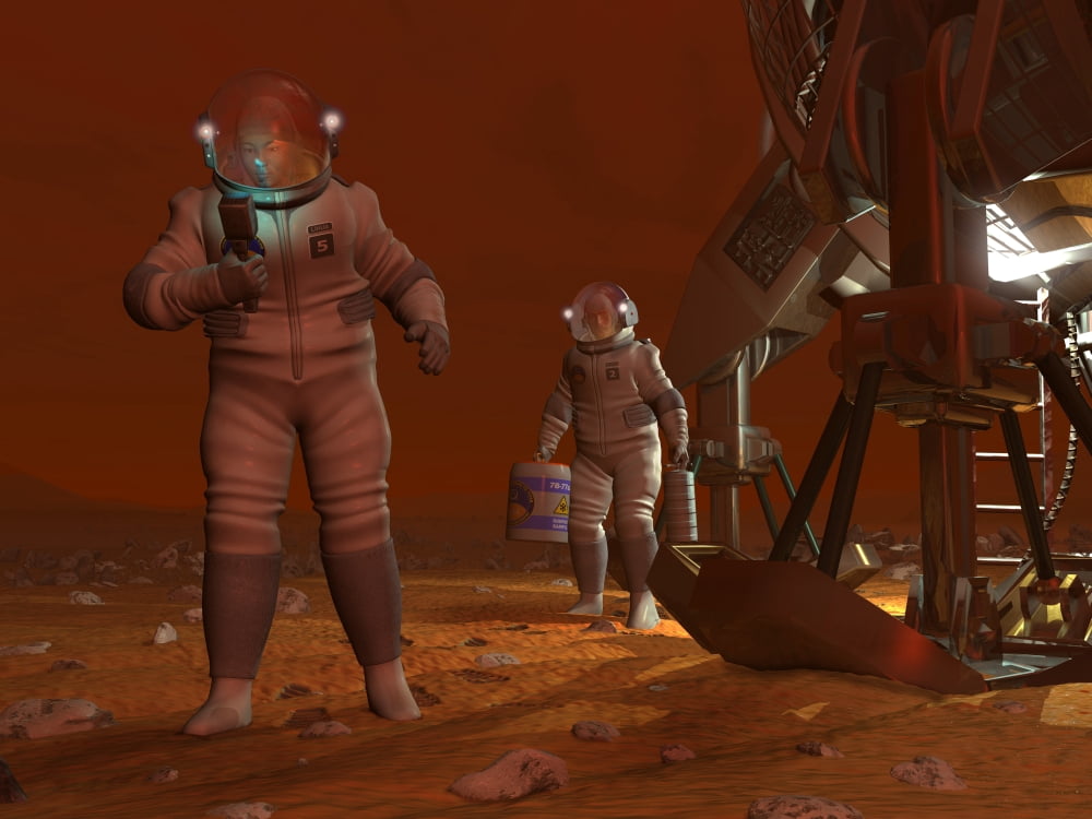 Artists concept of astronauts exploring the surface of Saturns moon Titan Canvas Art - Walter MyersStocktrek Images (33 x 25)