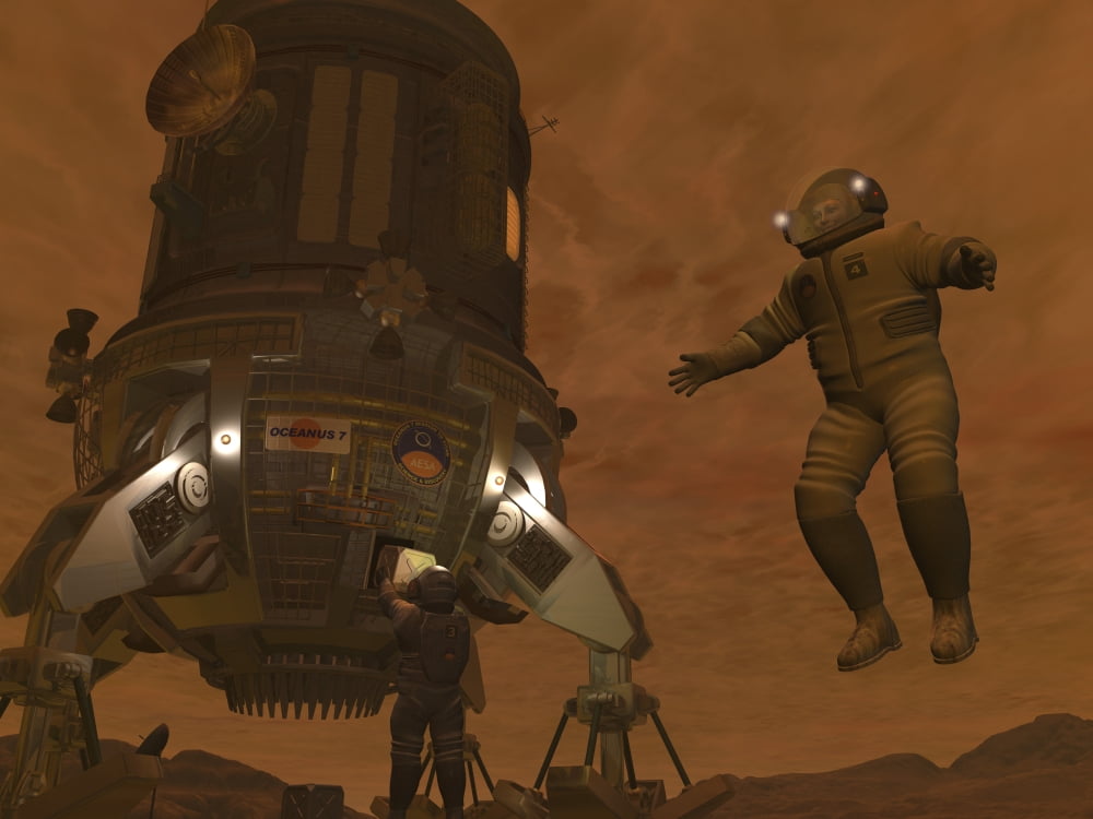 Artists concept of astronauts exploring the surface of Saturns moon Titan Canvas Art - Walter MyersStocktrek Images (33 x 25)
