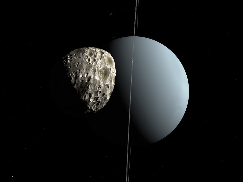 Artists concept of how Uranus and its tiny moon Puck Canvas Art - Walter MyersStocktrek Images (33 x 25)