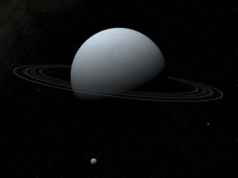 Artists concept of how Uranus and its tiny moon Puck Canvas Art - Walter MyersStocktrek Images (33 x 25)