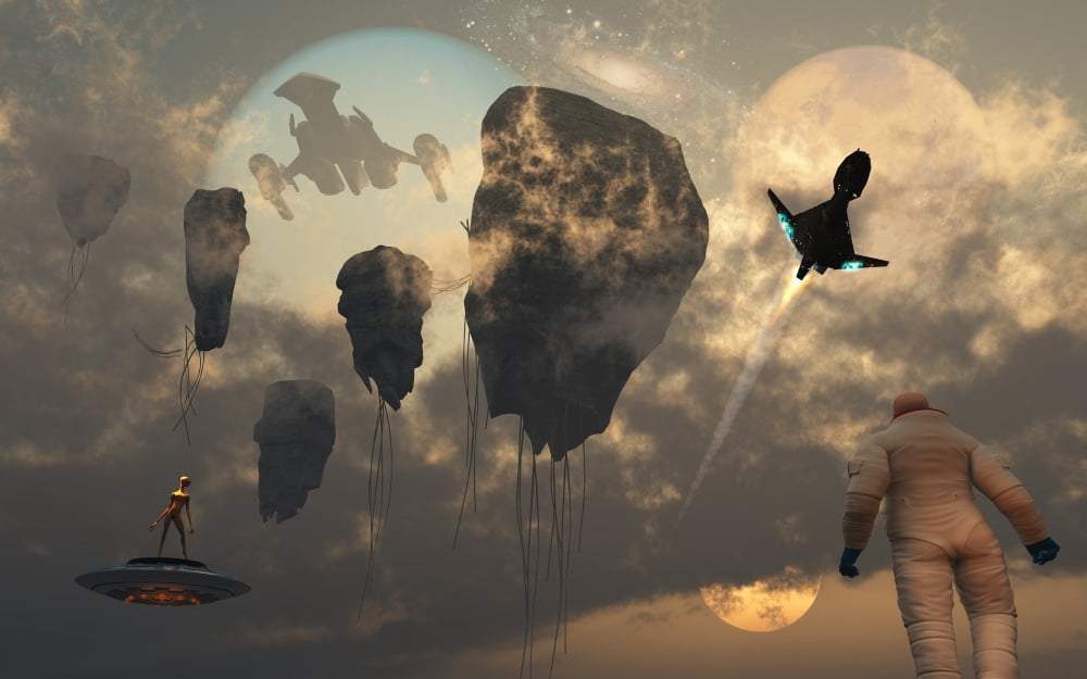 Artists concept of mankind crossing paths with other space travelers Canvas Art - Mark StevensonStocktrek Images (36 x 23)