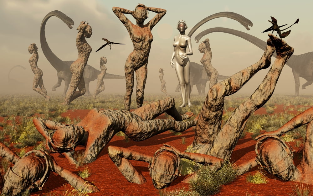 Artists concept of mutated dinosaurs and atlantians Canvas Art - Mark StevensonStocktrek Images (36 x 23)