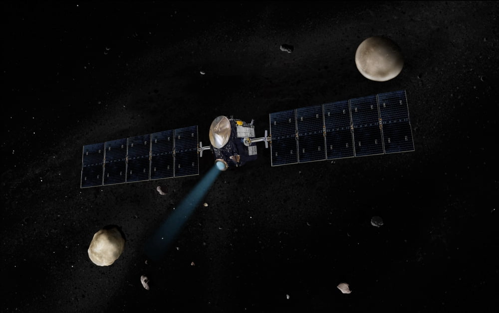 Artists concept of the Dawn spacecraft in orbit around the large asteroid Vesta and the dwarf planet Ceres Canvas Art - Stocktrek Images (35 x 22)