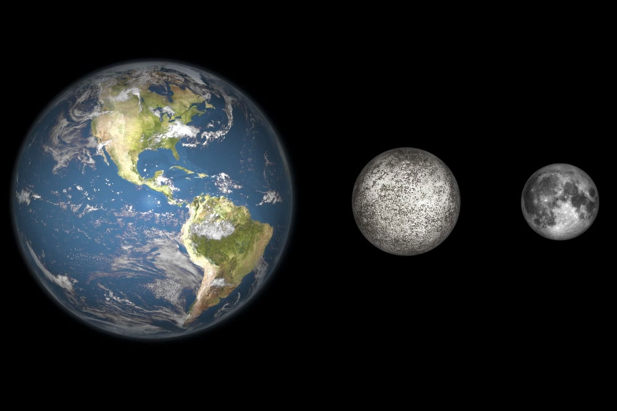 Artists concept of the Earth Mercury and Earths moon to scale Canvas Art - Walter MyersStocktrek Images (18 x 12)
