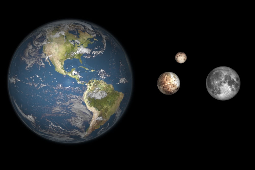 Artists concept of the Earth Pluto Charon and Earths moon to scale Canvas Art - Walter MyersStocktrek Images (18 x 12)