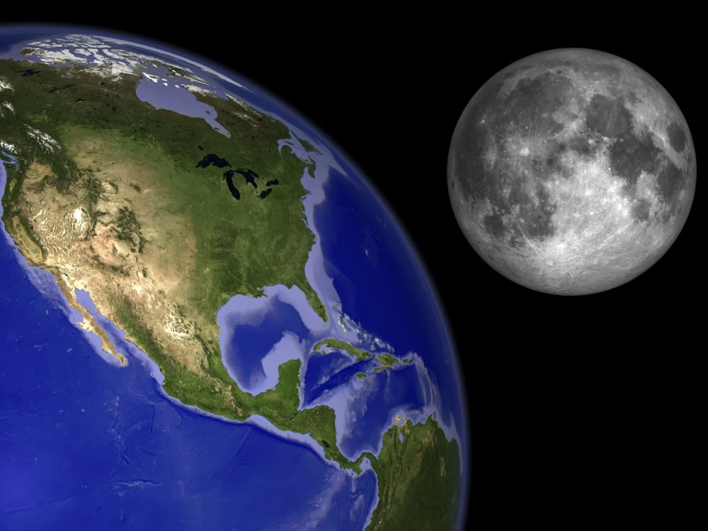 Artists concept of the Earth and its moon Canvas Art - Walter MyersStocktrek Images (33 x 25)