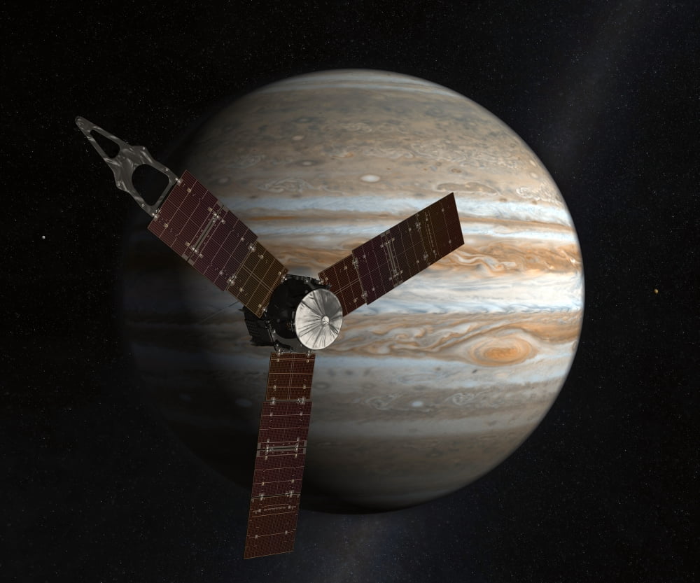 Artists concept of the Juno spacecraft in orbit around Jupiter Canvas Art - Stocktrek Images (31 x 26)