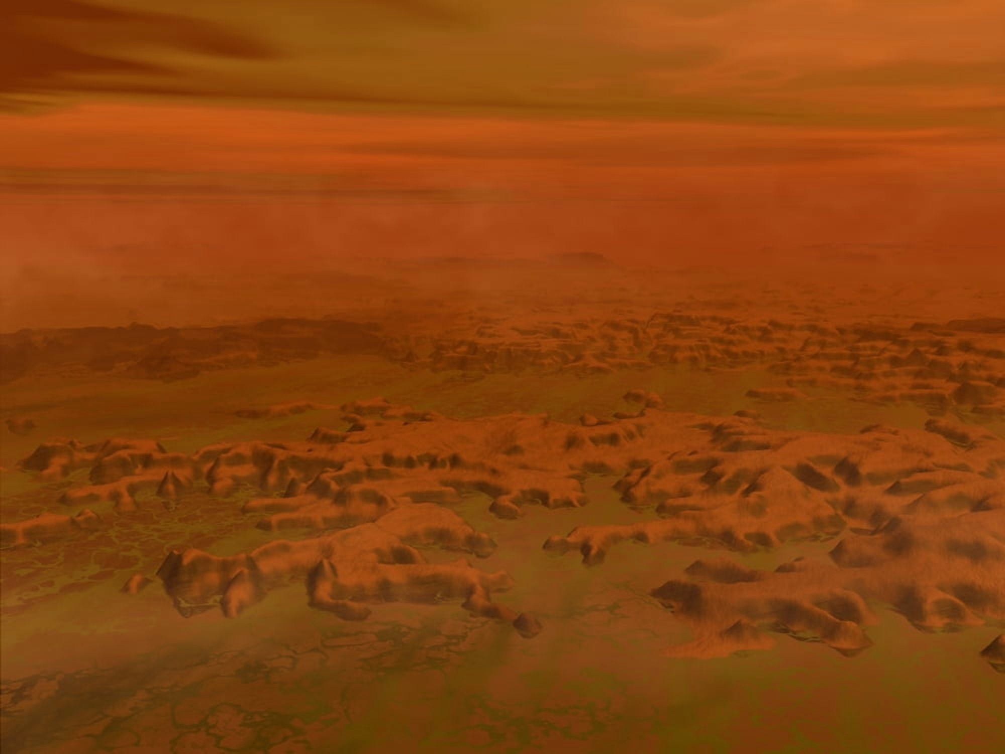 Artists concept of the surface of Saturns moon Titan Canvas Art - Walter MyersStocktrek Images (33 x 25)