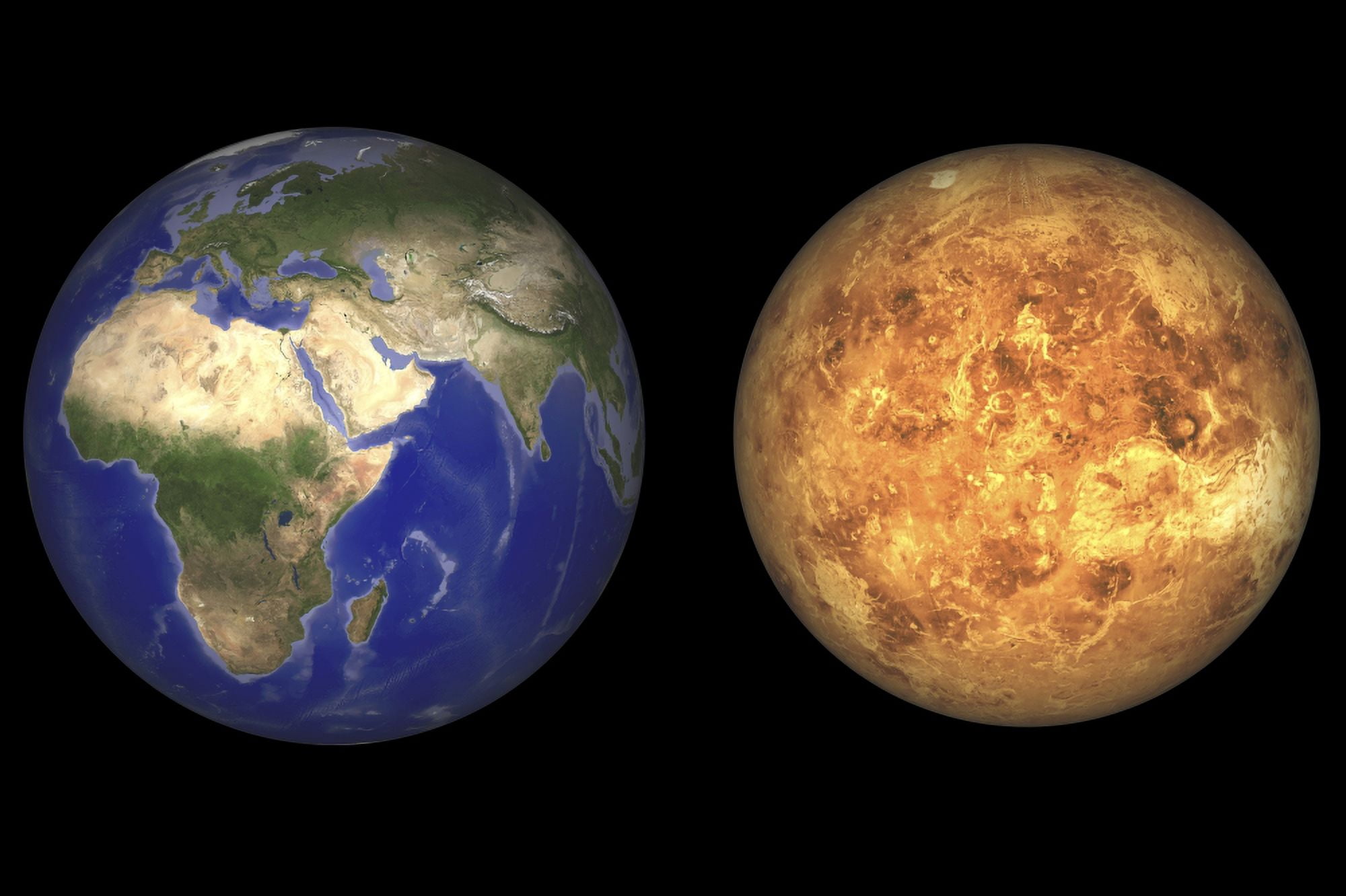 Artists concept showing Earth and Venus without their atmospheres Canvas Art - Walter MyersStocktrek Images (18 x 12)