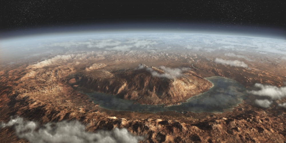 Artists concept showing a lake of liquid water around Gale Crater on Mars Canvas Art - Steven HobbsStocktrek Images (40 x 20)