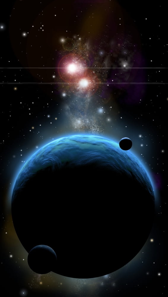 Artists depiction of a blue planet and its orbiting small moons Canvas Art - Marc WardStocktrek Images (22 x 38)