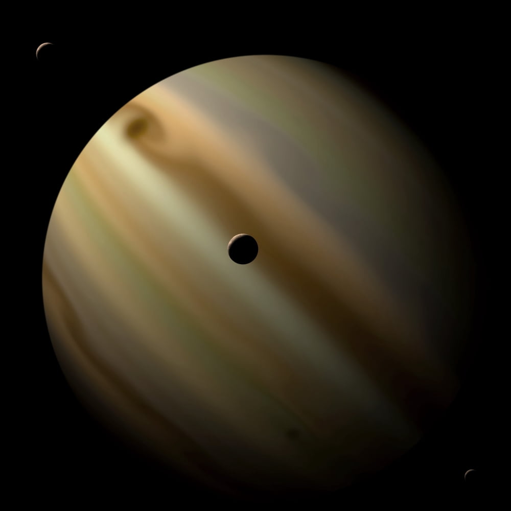Artists depiction of a gas giant planet in interstellar space with three orbiting moons Canvas Art - Marc WardStocktrek Images (28 x 28)
