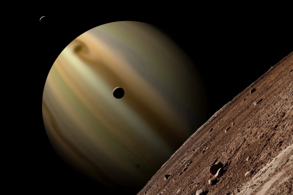 Artists depiction of a gas giant planet surrounded by three moons Canvas Art - Marc WardStocktrek Images (18 x 12)