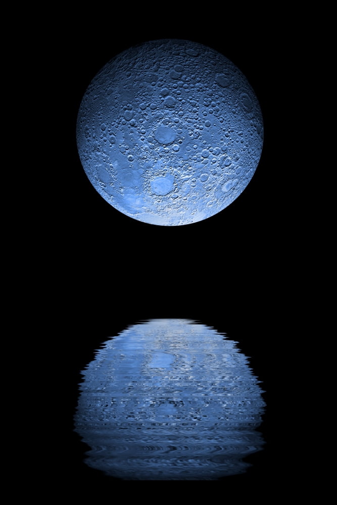 Artists depiction of a heavily cratered blue moon rising over a body of calm water Canvas Art - Marc WardStocktrek Images (12 x 18)