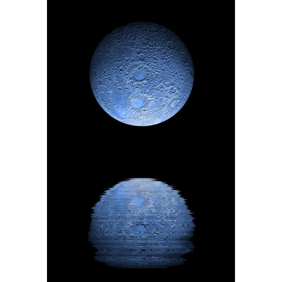 Artists depiction of a heavily cratered blue moon rising over a body of calm water Canvas Art - Marc WardStocktrek Images (24 x 35)