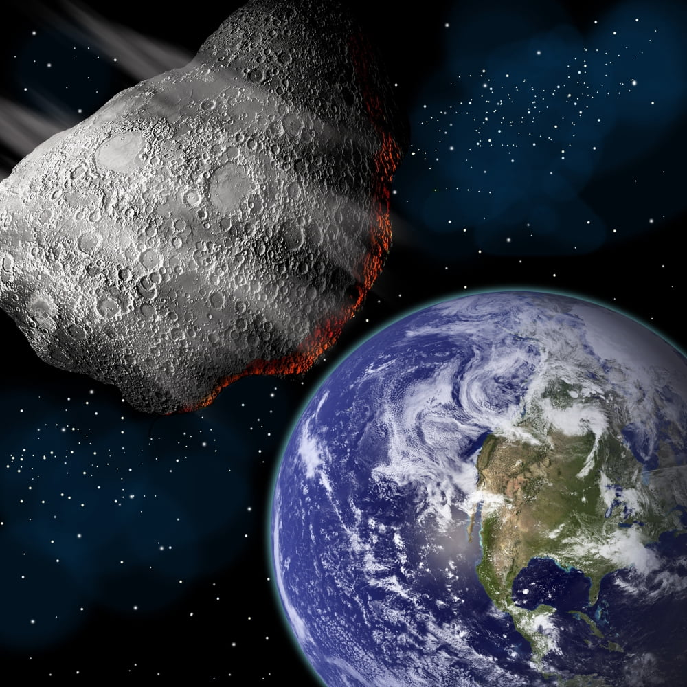 Artists depiction of a large asteroid approaching Earth on a collision course Canvas Art - Marc WardStocktrek Images (29 x 29)