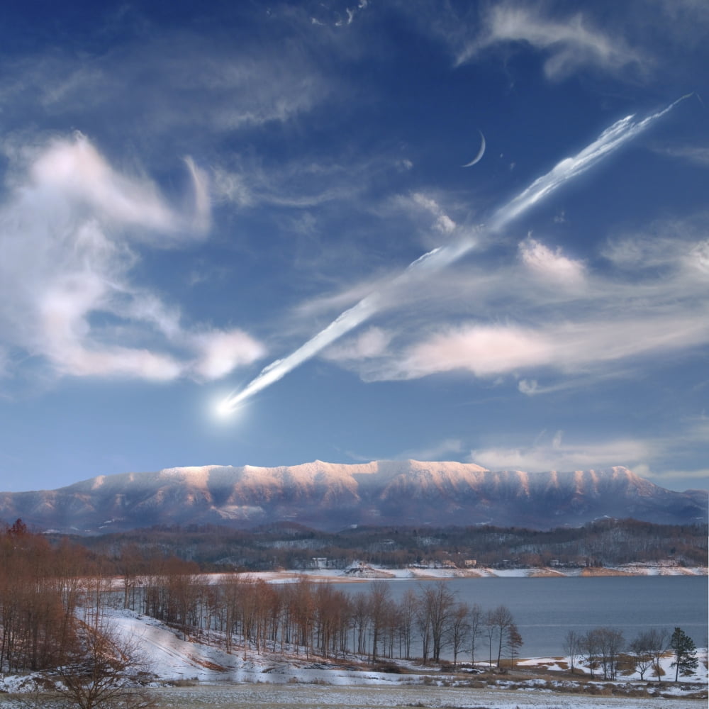 Artists depiction of a large meteor entering Earths atmosphere Canvas Art - Marc WardStocktrek Images (29 x 29)