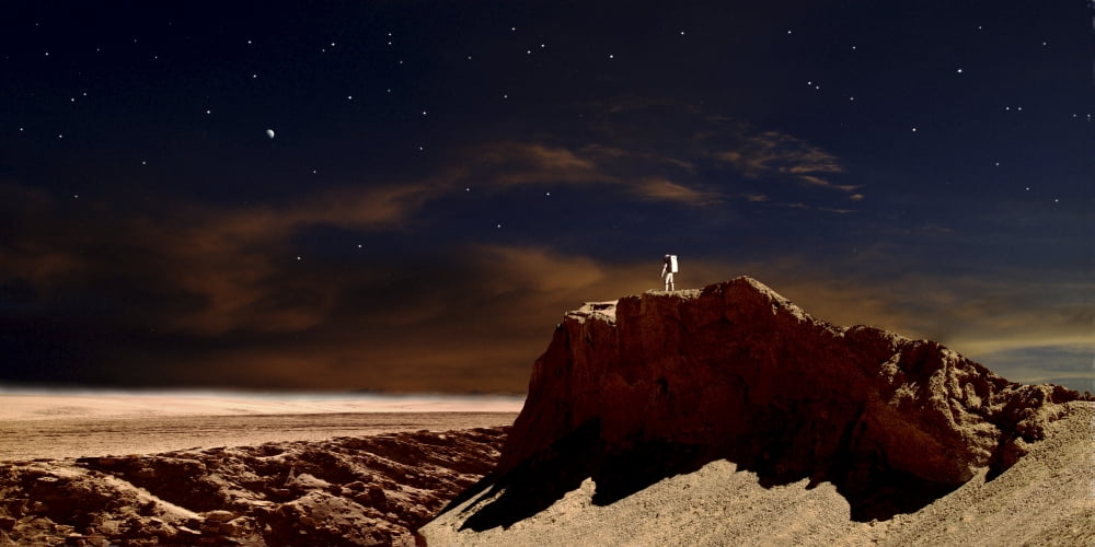 Artists depiction of a lone astronaut on another planet Canvas Art - Frank HettickStocktrek Images (41 x 20)