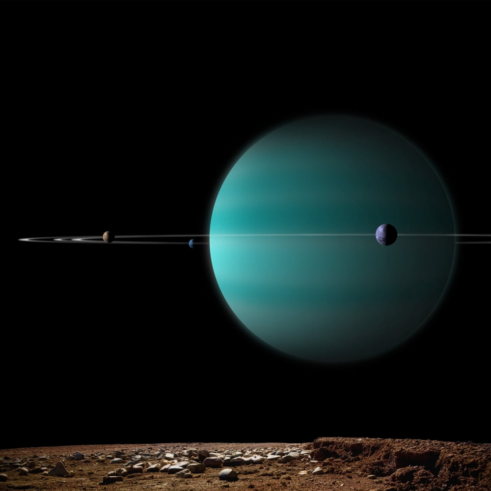 Artists depiction of a ringed gas giant planet surrounded by its moons Canvas Art - Marc WardStocktrek Images (29 x 29)
