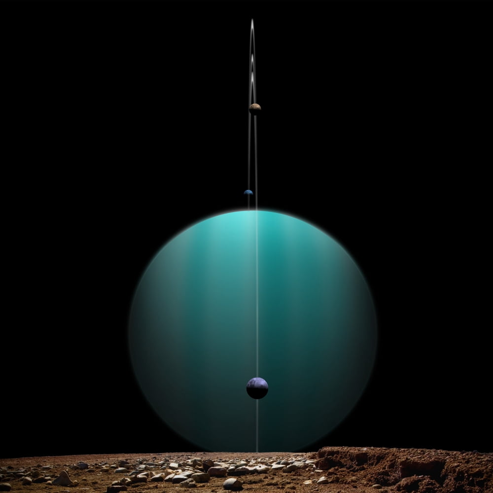 Artists depiction of a ringed gas giant planet surrounded by its moons Canvas Art - Marc WardStocktrek Images (29 x 29)