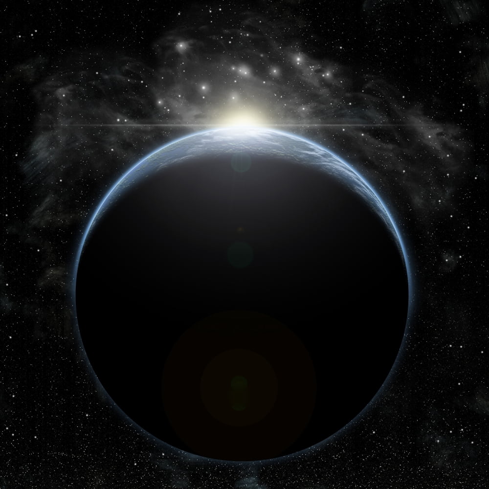 Artists depiction of a star breaking the horizon of an Earth-like planet Canvas Art - Marc WardStocktrek Images (29 x 29)