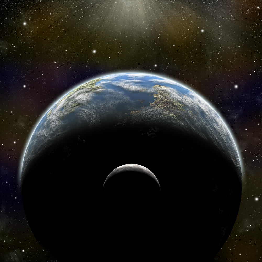 Artists depiction of an Earth-like planet with its orbiting moon Canvas Art - Marc WardStocktrek Images (29 x 29)