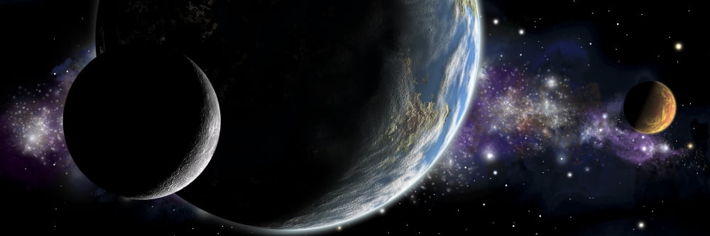 Artists depiction of an Earth-like planet with orbiting moon and a red planet Canvas Art - Marc WardStocktrek Images (50 x 17)