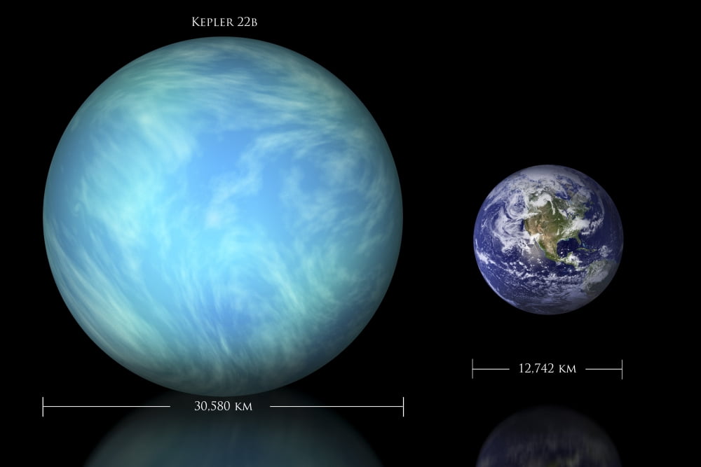 Artists depiction of the difference in size between Earth and Kepler 22b Canvas Art - Marc WardStocktrek Images (18 x 12)