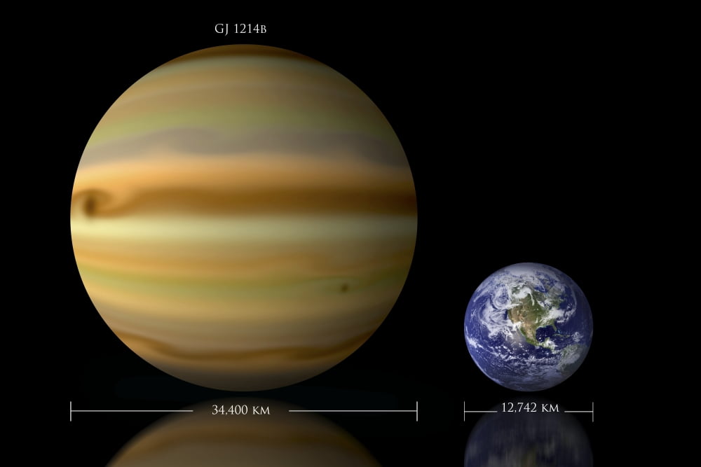 Artists depiction of the size relationship between Earth and Gliese 1214b Canvas Art - Marc WardStocktrek Images (18 x 12)