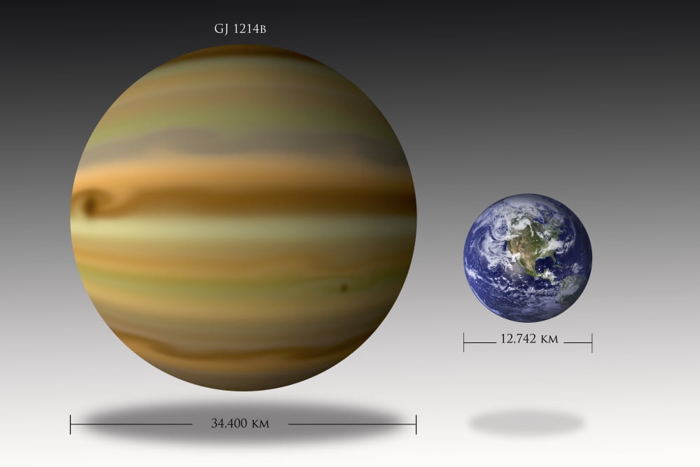 Artists depiction of the size relationship between Earth and Gliese 1214b Canvas Art - Marc WardStocktrek Images (35 x 24)