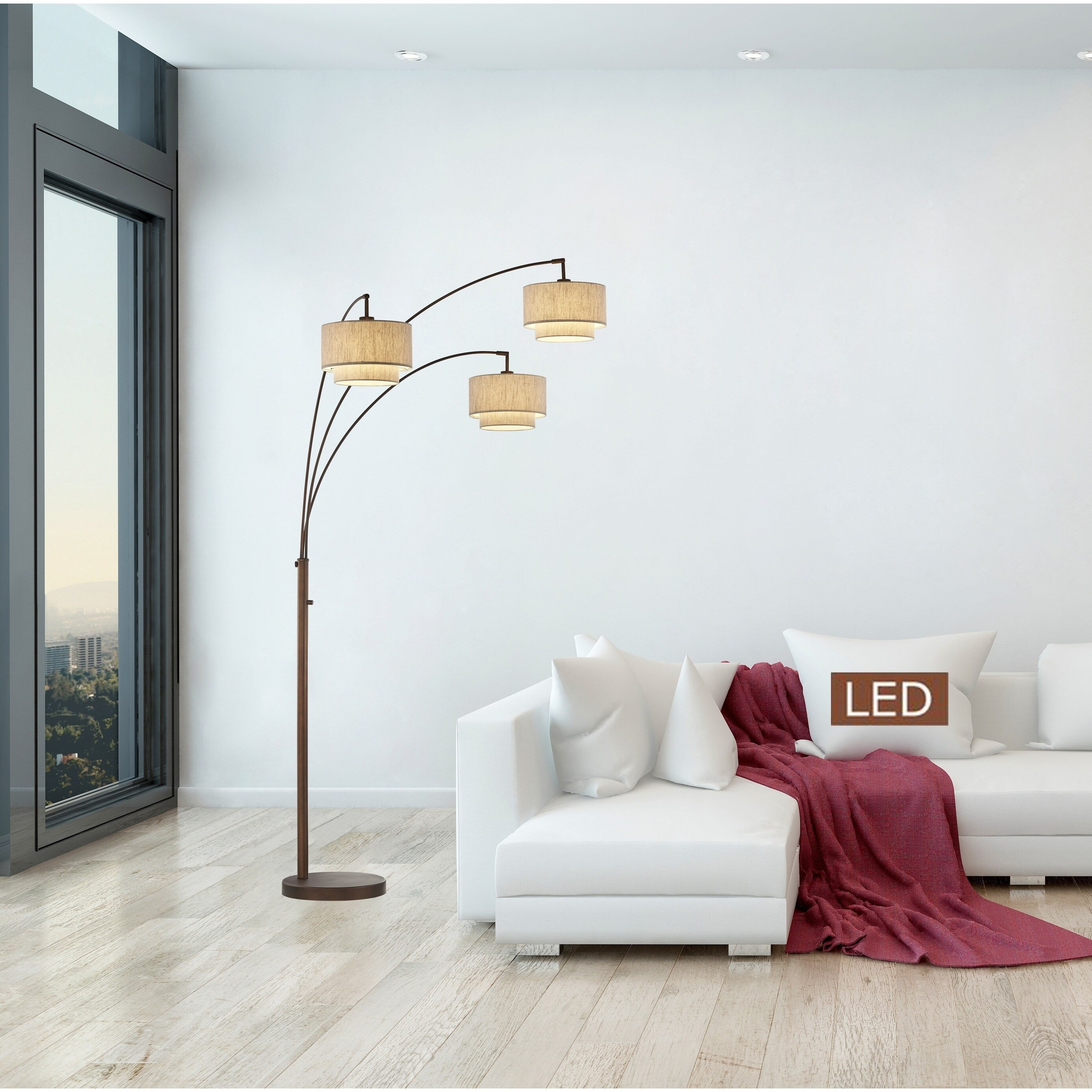 Antique Bronze Adjustable Arc LED Floor Lamp with Linen Shades