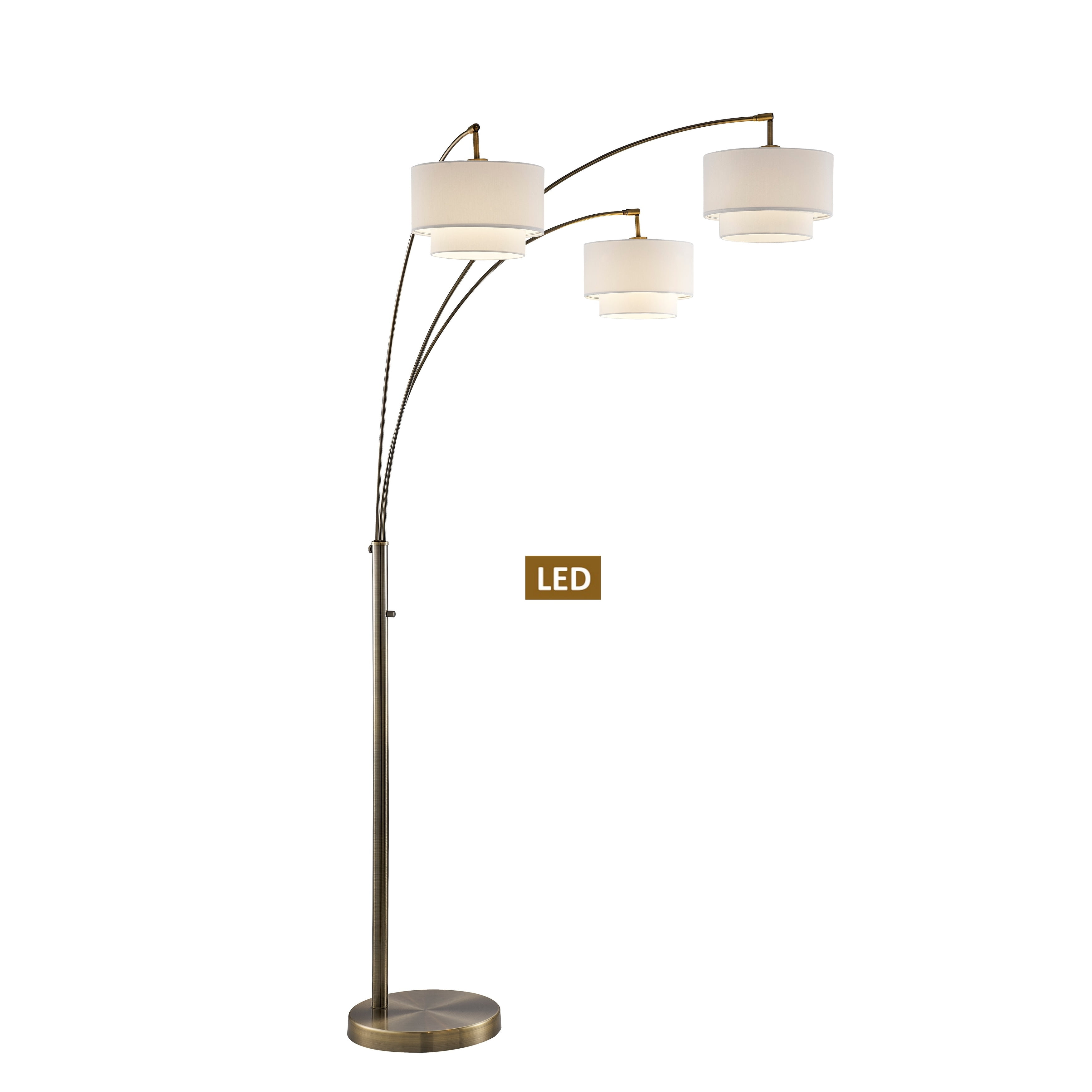 Adjustable Brass and Off-White Double Shade Arc Floor Lamp